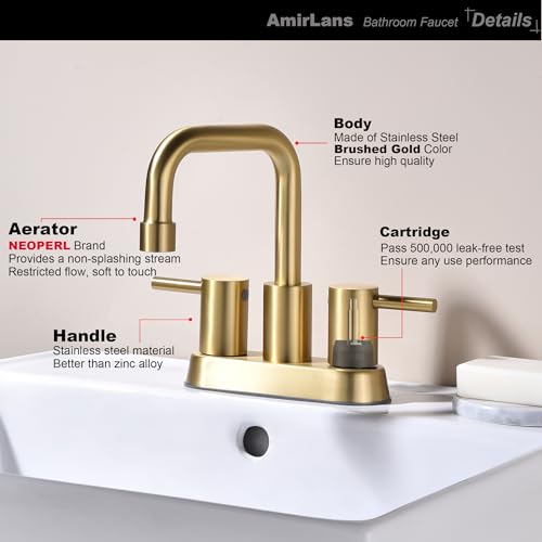 Brushed Gold 4 Inch Centerset Bathroom Faucet 2 or 3 Hole | Stainless Steel 2 Handle Gold Bathroom Sink Faucet for Bathroom, Restroom, Vanity, Rv - color: Brushed Gold