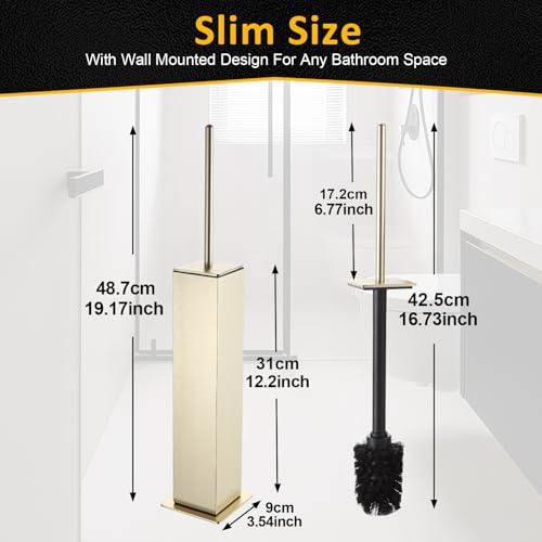 Toilet Brush and Holder Floor Standing, Brushed Gold with 2 Replaceable Heads, Bathroom Toilet Brush, Freestanding Toilet Bowl Brush with Removable Liner and Splash Guard - color: Brushed Gold-standing