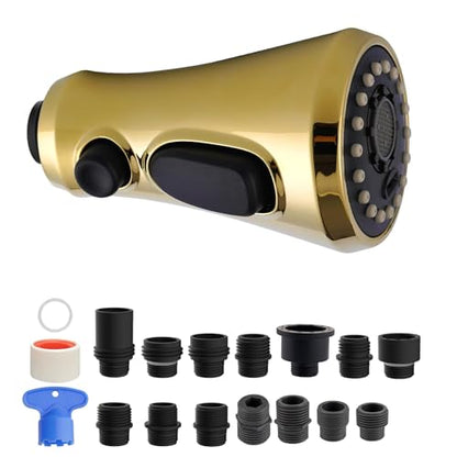 Hibbent Pull Down Spray Head for Kitchen Faucet, NSF/ANSI/CAN 61 & CUPC Certified 3-Function Spray Nozzle, 14 Adapters, Sink Faucet Head Replacement Compatible with Moen, Delta, Kohler, Polished Brass - color: Polished Brass, style: 1.8 Gallon Per Minute