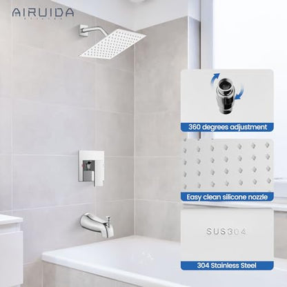 Airuida 8 Inch Shower Faucet Set,Bathtub Faucet Kit,8 Inch-Chrome Polish | Shower Tub Faucet Set,Male Threads Rough-In Valve,Square Head Shower System - color: Chrome, size: 8 Inch
