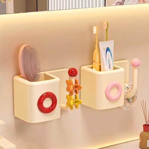 Toothbrush Holder for Bathroom - No Drill Wall Mount Toothbrush & Toothpaste Rack with Drain Holes, Cute Cream Style Bathroom Organizer, Glossy Finish Countertop Storage - color: Cream Red