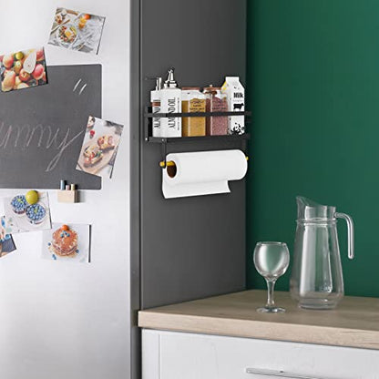 Spice Rack Magnetic Shelf, Foldable Refrigerator Magnetic Spice Holder, Wall Mounted Seasoning Organizer Hanging Spice Storage Stand with Paper Towel Holder Roll & Hooks - color: Black