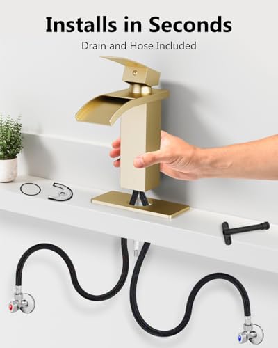 Brushed Gold Waterfall Bathroom Faucet 1-Handle Vanity Faucet | Stainless Steel Modern Bathroom Sink Faucet,Pop-Up Drain, Supply Lines 6-in Deck Plate, 1- or 3-Hole, NSF Certified - color: Light Gold