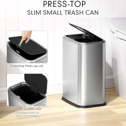 Bathroom Trash Can with Lid, 8L/2.1 Gallon Silver Trash Can Small Garbage Can with Press Top Lid Slim Stainless Steel Garbage Can with 100 Counts Trash Bags for Bathroom Bedroom Kitchen Office Toilet - color: Silver, size: Press-Top Trash Can