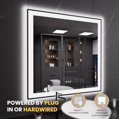 LOAAO 32"X32" LED Bathroom Mirror Black Framed | Anti-Fog, Dimmable, Memory Function, Tempered Glass, Lighted Vanity Mirror for Wall - size: 32"L x 32"W