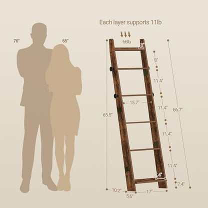 Hzuaneri Blanket Ladder, Decorative Quilt Rack with 4 Removable Hooks | 6-Tier Blanket Ladder Shelf for Bedroom Living Room, Rustic Brown BR30601X - size: 5.6"D x 17"W x 66.7"H
