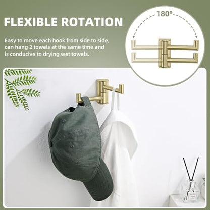 Suyar Brushed Gold Swivel Double Towel Hook, Bathroom Coat Robe Holder | SUS304 Stainless Steel Dual Hand Towel Hook, Space-Saving Solution, Wall Mounted - color: Brushed Gold, size: 1 Pack