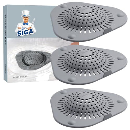 MR.SIGA Shower Drain Hair Catcher, Bathroom Sink Drain Strainer, 3 Pack | Value 3-pack hair stopper for bathtub drain with pull-tab, easy to clean, gray