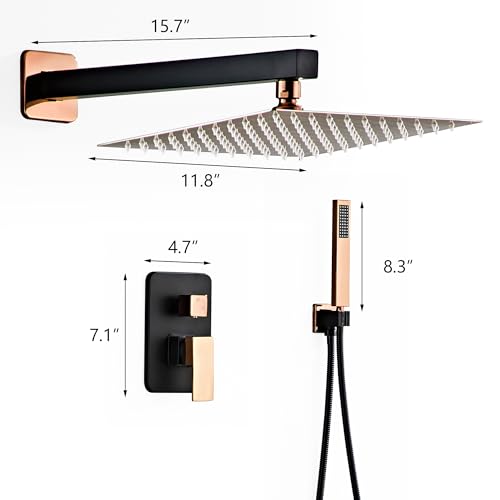 Shower Faucet Set, Matte Black and Rose Gold Rainfall Shower System Complete Wall Mounted for Bathroom with 12 Inch Square Shower Head and Handheld Shower Head Rain Mixer Combo Set - color: Matte Black+Rose Gold, style: 12 Inch