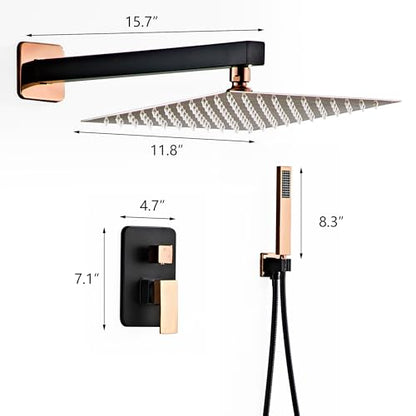 Shower Faucet Set, Matte Black and Rose Gold Rainfall Shower System Complete Wall Mounted for Bathroom with 12 Inch Square Shower Head and Handheld Shower Head Rain Mixer Combo Set - color: Matte Black+Rose Gold, style: 12 Inch