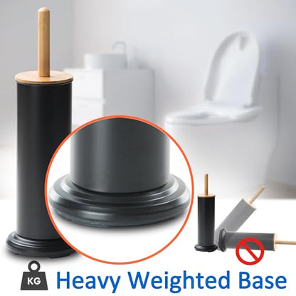 Toilet Bowl Brush and Holder, Toilet Brush with Bamboo Handle and Covered Holder, Dual Brush Options, Weighted Metal Base (Black)