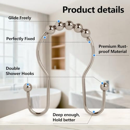 Resze Double Shower Curtain Hooks, Sturdy Metal Nickel Shower Curtain Rings, Glide Roller Shower Hooks,Rust Proof Anti-Drop Curtain Hooks, 12 Pcs Smooth Sliding Rings for Bathroom Shower Rods Curtains - color: Nickel