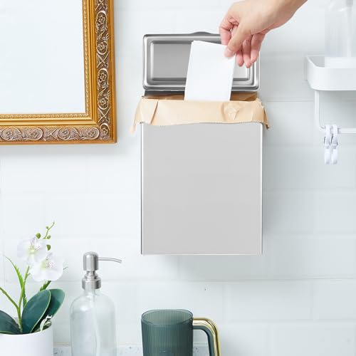 Tioncy 1 Pcs Sanitary Napkin Receptacle with 100 Feminine Hygiene Liner Bag Wall Mounted Tampon Holder for Bathroom Sanitary Napkin Disposal Bags Tampon Disposal Bin for Home Public Restrooms