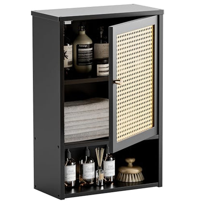 HITNET Wall Cabinet, Rattan Medicine Cabinet Over the Toilet with Adjustable Shelf, Space Saving Bathroom Hanging Storage for Small Space, Black - color: Black