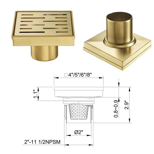 Square Shower Drain 4 inch, Brushed Gold 304 Stainless Steel Floor Drain for Bathroom, Removable Tile Insert Grate Includes Hair Strainer - color: Brushed Gold