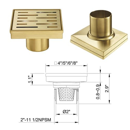 Square Shower Drain 4 inch, Brushed Gold 304 Stainless Steel Floor Drain for Bathroom, Removable Tile Insert Grate Includes Hair Strainer - color: Brushed Gold
