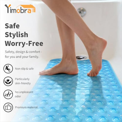 Yimobra Non Slip Bathtub Mat 40 x 16 Inch, Extra Long Shower Mat with Drain Holes, Machine Washable Baby Bath Mats, Strong Suction Cups for Bathroom Floor, Clear Blue - color: Clear Blue