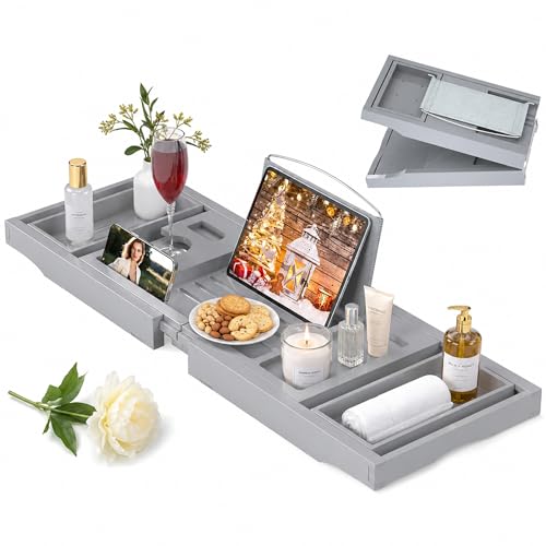 Artmeer Bamboo Bathtub Tray Caddy, Expandable Bath Table for Tub, Bathroom Organizer with Cup Holder, Book Stand and Extending Sides, Gray