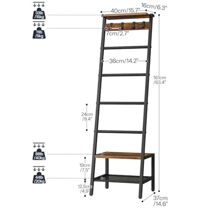 HOOBRO Blanket Ladder, 7-Tier Giraffe Shape Towel Rack for Living Room and Bedroom, 63.4" H Decorative Ladder Shelf with Hooks, Metal Frame, Industrial Style, Rustic Brown and Black BF13CJ01
