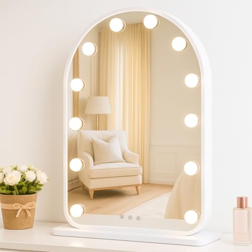 LUXFURNI Vanity Mirror with Lights, 24.5" Arched Hollywood Makeup Mirror | 12 LED Lights, 3 Color Modes, Touch Memory Control, Arched Frame No‑Bend Full‑Face View, HD Anti‑Glare Rust‑Resistant Glass