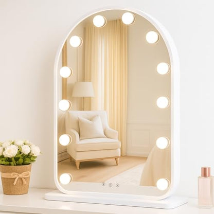LUXFURNI Vanity Mirror with Lights, 24.5" Arched Hollywood Makeup Mirror | 12 LED Lights, 3 Color Modes, Touch Memory Control, Arched Frame No‑Bend Full‑Face View, HD Anti‑Glare Rust‑Resistant Glass
