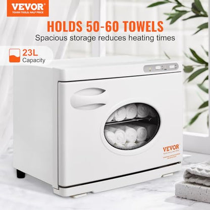 VEVOR 23L Large Capacity Hot Warmers with See Through Window, Two Stainless Steel Racks, Holds up 50-60 Towels, 2-in-1 Quick and All-Round Heating for Facials, SPA, Massage, Salon, White