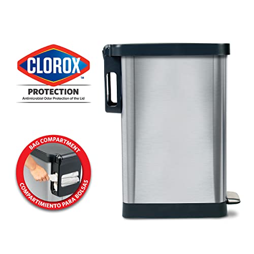 Glad Slim Trash Can with Clorox Odor Protection - Narrow Kitchen Garbage Bin with Soft Close Lid, Step On Foot Pedal and Waste Bag Roll Holder, Stainless Steel, 12 Gallon/45 Liter - color: Stainless Steel