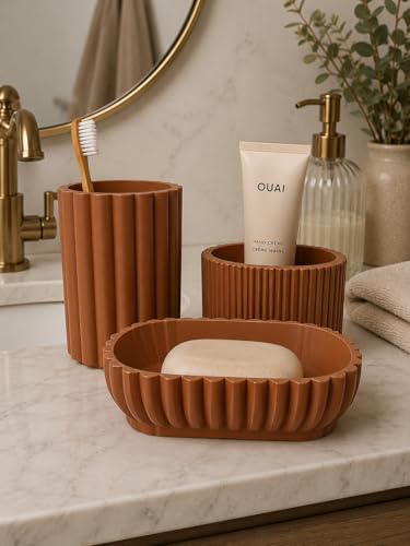 Terracotta Ribbed Bathroom Countertop Organizer Set, Soap Dish, Tumbler Cup, and Vanity Tray, Modern Minimalist Style - color: Terracotta