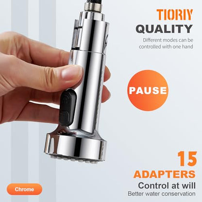 TIORIY Kitchen Faucet Spray Head Replacement with 15 Adapters, Plastic Spray Nozzle for Kitchen Faucet 3 Modes, Compatible with American Standard Faucets, Pause Mode (Chrome) - color: Chrome, style: Pause