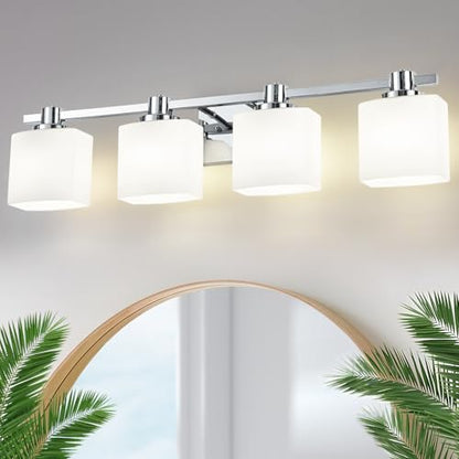 32 Inch Chrome Bathroom Light Fixtures Over Mirror 4 Light Bathroom Vanity Light Silver Modern Industrial Makeup Lighting Wall Sconce Shower Farmhouse Rustic Milk Glass Lamp Above Desk Sink - color: Polished Chrome, size: 32 Inches