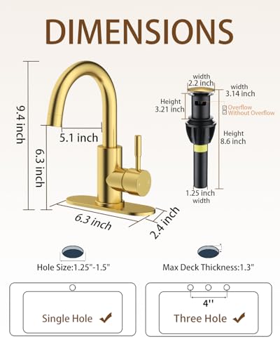 Bathroom Faucets, Bar Sink Faucet Single Hole for Bathroom Kitchen Campers with Pop-Up Drain Hose, Suitable for Farmhouse Vanity Lavatory - color: Brushed Gold, style: Classic