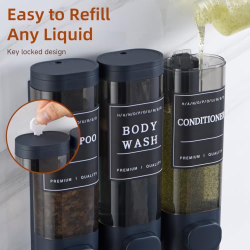 Shampoo and Conditioner Dispenser,Shower Soap Dispenser 3 Chamber No Drill Wall-Mounted for Bathroom & Hotel Leak-Proof Pumps, for Thick Liquids Like Conditioner - 1050ML High Capacity, Dark Blue - color: Dark Blue