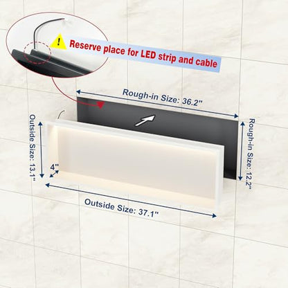 36"x12"White LED Shower Niche,3 CCT Dimmable Light, No Tile Needed | 304 Stainless Steel Bathroom Niche w/ Light(3000K/4000K/6000K), IP66 Waterproof, Space Saving & Durable ,LED Driver Included - color: White, size: 36X12In