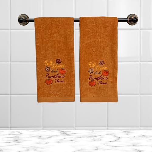 Autumn Harvest Fall Bathroom Guest Hand Embroidered Towels 2 Pc Set: Fall Leaves and Pumpkins Please Design Bath Plush Rust Orange Towels, 100% Cotton, 16" x 25" Inches, Oeko-TEX Certified - color: Fall Leaves Please