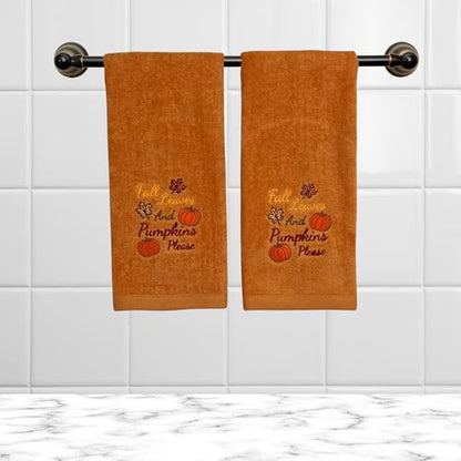 Autumn Harvest Fall Bathroom Guest Hand Embroidered Towels 2 Pc Set: Fall Leaves and Pumpkins Please Design Bath Plush Rust Orange Towels, 100% Cotton, 16" x 25" Inches, Oeko-TEX Certified - color: Fall Leaves Please