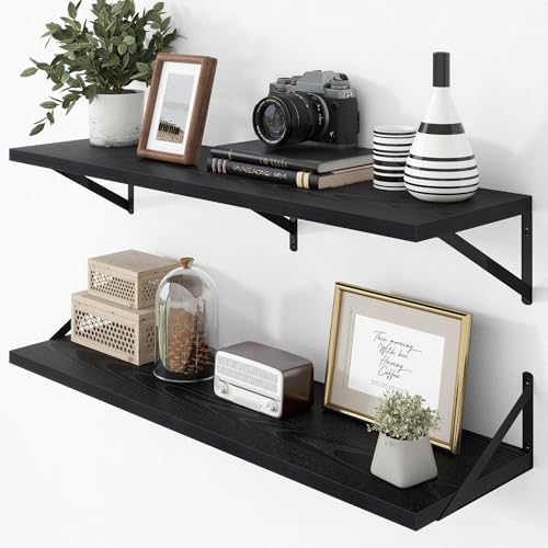Deep Floating Shelves - 40 Inch Black Floating Shelves Set of 2-12 Inch Deep Wood Wall Shelves for Living Room Bathroom Kitchen - color: Black, size: 40W x 12D