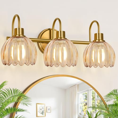 Bathroom Light Fixtures, 3-Light Brushed Gold Vanity Lights for Bathroom with Ribbed Amber Tulip Glass Shade, 20 in Bathroom Vanity Lights Over Mirror for Bedroom, Living Room, Hallway - color: Brushed Gold - Tulip Amber, size: 3-light