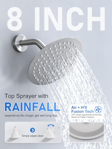 Woindo Shower Faucet Set 10" Rain Shower Head/8'' Side Shower Head and 3 Setting Handheld Ceiling Mount 3 Push Button Diverter Complete Rainfall Round Shower System Included Valve Trim Kit - color: Brushed Nickel, style: 10"-R-Ceiling-02