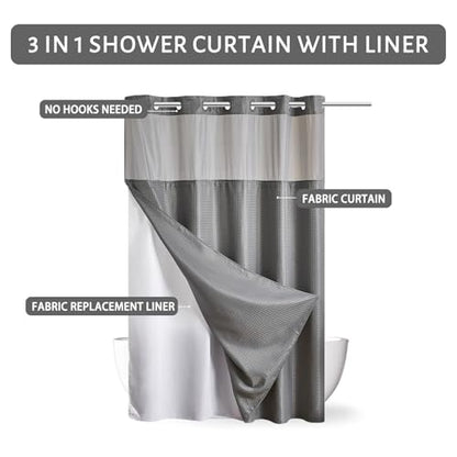 Furlinic No Hook Shower Curtain with Snap in Fabric Liner Set,Waffle Weave Heavy Duty Bathroom Curtain with See Through Window,Waterproof & Machine Washable,Hotel Style,Light Grey,71x72 Inch - color: Grey, size: 71"W x 72"L (Pack of 1)