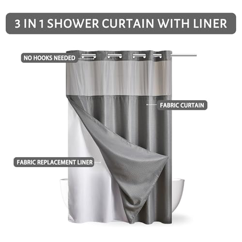 Furlinic No Hook Waffle Weave Shower Curtain with Snap in Fabric Liner,Honeycomb Textured Bathroom Curtains with See Through Top Window,Waterproof & Machine Washable,Light Grey,71x78 Inch - color: Grey, size: 71"W x 78"L (Pack of 1)