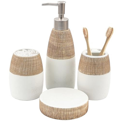 CERBIOR Bathroom Accessories Set,4 PCS Ceramic Bath Accessory,Brown White | Includes Toothbrush Holder, Toothbrush Cup, Soap Dish for Decorative Countertop and Housewarming Gift - style: White-Brown
