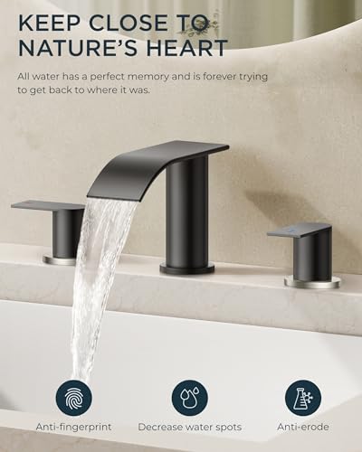 FORIOUS Bathroom Faucet 3 Hole 8 Inch Waterfall Black and Brushed Nickel | Bathroom Sink Faucet with Pop-up Drain and 24" Supply Lines, Two Handles, for Vanity Laundry Farmhouse School and Restroom - color: Black and Stainless Steel