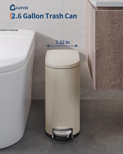 Garvee 2.6 gal / 10 L Metal Bathroom Trash Can with Lid, Slim Waterproof Garbage Can for Bedroom, Small Step-on Trash Bin with Inner Bucket, Rear Handle, Soft Close Lid, Sand Beige - color: Sand Beige, size: 2.6 Gallons