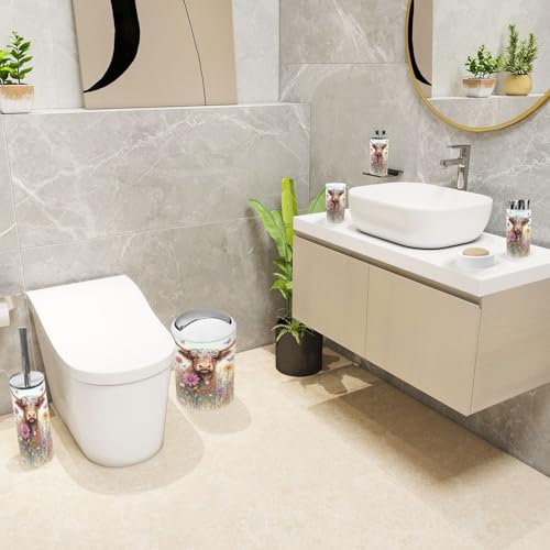 6 Piece Bathroom Accessories Set Highland Cow Rustic Farmhouse Animal Nature Flower Landscape Abstract Trash can Toilet Brush Holder Toothbrush Holder Toothbrush Cup Soap Dispenser Soap Dish Boho