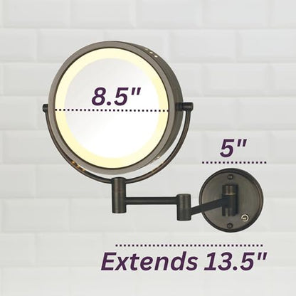 JERDON Lighted Wall-Mount Makeup Mirror - 8X - Bronze - HL75BZ | 8.5" Diameter, 13.5" Wall Arm, LED Lighting, Corded Plug-In Power
