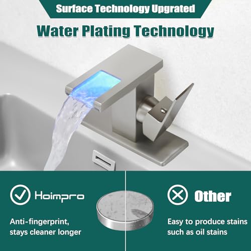 Hoimpro LED Bathroom Faucet, Single Handle Sink Faucets Brushed Nickel | Waterfall Widespread Faucet, 3 Colors Light Changing, with Pop-up Drain & cUPC Supply Lines, for Sink Vanity RV Restroom - color: Brushed Nickel