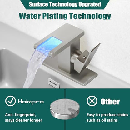 Hoimpro LED Bathroom Faucet, Single Handle Sink Faucets Brushed Nickel | Waterfall Widespread Faucet, 3 Colors Light Changing, with Pop-up Drain & cUPC Supply Lines, for Sink Vanity RV Restroom - color: Brushed Nickel