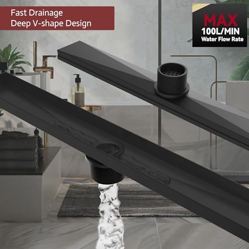 Linear Shower Drain, 32 inch Matte Black | Including Hair Catcher and Removable Grate, 304 Stainless Steel, Easy to Install and Clean (Drain Base Not Included) - color: Matte Black, size: 32 inch