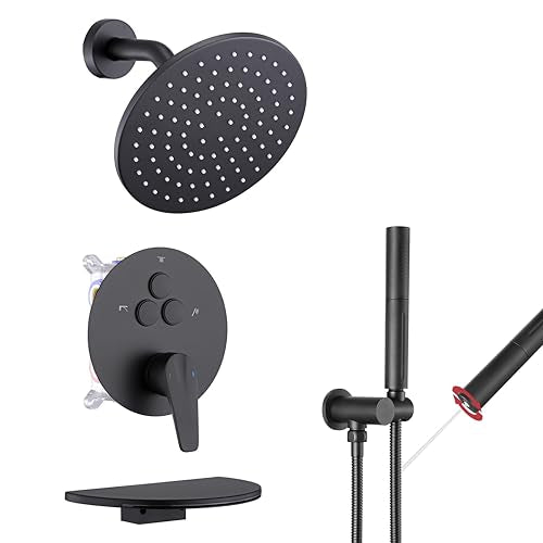 VANFOXLE Shower Faucet Set Matte Black Shower System, Push Button Diverter | 8 Inch Wall Mount Head, 2-in-1 Handheld Sprayer, 9 Inch Bathtub Waterfall Spout, Solid Brass Valve, Rust Resistant - color: Matte Black, style: 8 Inch