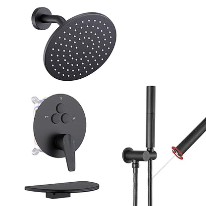 VANFOXLE Shower Faucet Set Matte Black Shower System, Push Button Diverter | 8 Inch Wall Mount Head, 2-in-1 Handheld Sprayer, 9 Inch Bathtub Waterfall Spout, Solid Brass Valve, Rust Resistant - color: Matte Black, style: 8 Inch